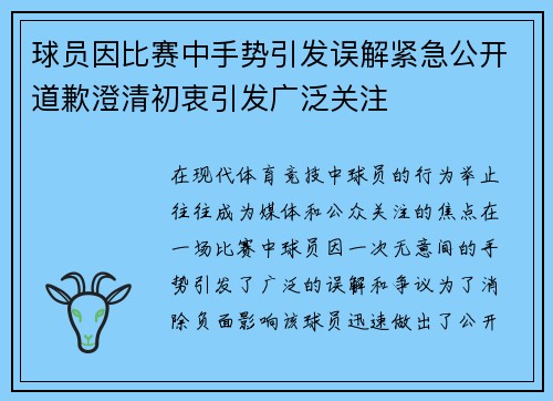 球员因比赛中手势引发误解紧急公开道歉澄清初衷引发广泛关注