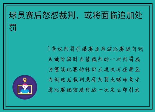 球员赛后怒怼裁判，或将面临追加处罚