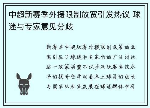 中超新赛季外援限制放宽引发热议 球迷与专家意见分歧
